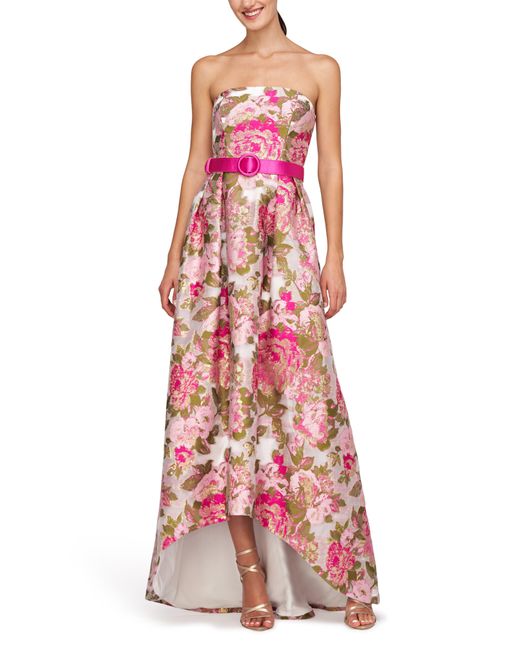 Kay Unger Red Bella Floral Jacquard Metallic Belted High-low Gown