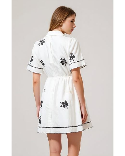 Modenaire White Scalloped Trim Short-Sleeve Button-Front Embroidered Shirt Dress