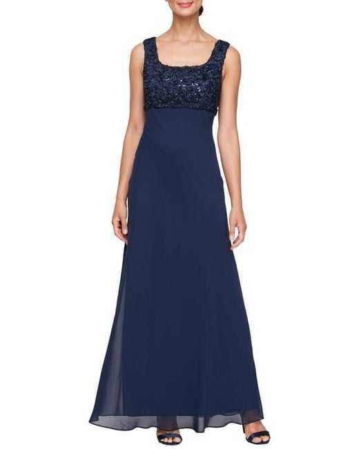 Alex Evenings Blue Sequin Soutache Lace Empire Waist Chiffon Gown With Jacket