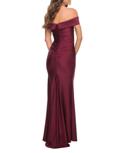 La Femme Red Off The Shoulder Elegant Long Evening Gown