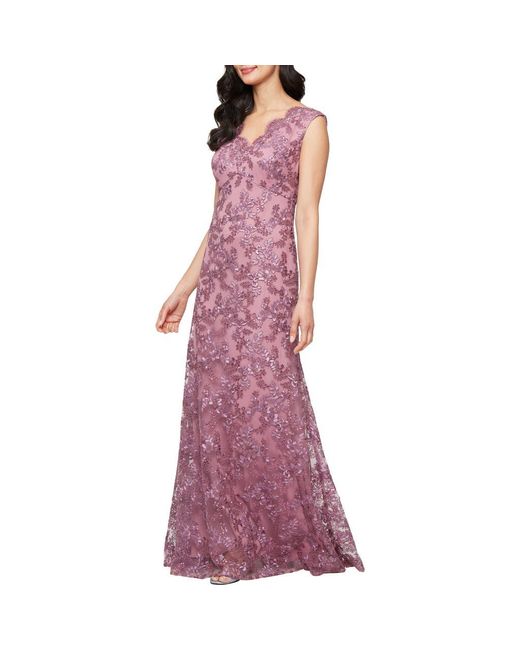 Alex Evenings Purple Embroidered Scalloped Sleeveless Gown