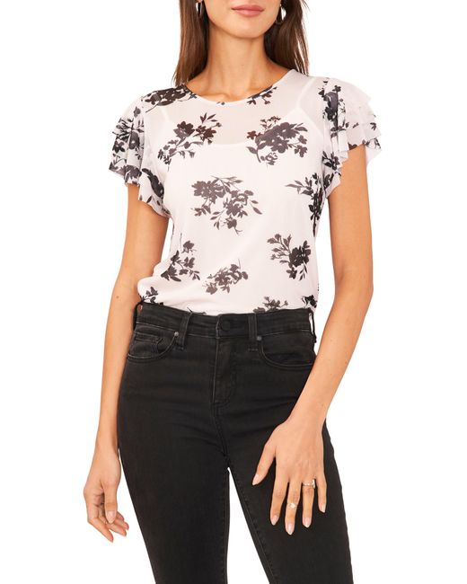 Vince Camuto Black Floral Print Ruffle Sleeve Top