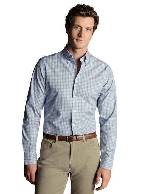 Charles Tyrwhitt Blue Check Non-iron Button-down Oxford Slim Fit Shirt Single Cuff for men
