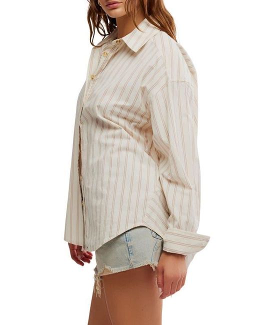 Free People Gray Varsity Vibes Stripe Oversize Cotton Button-Up Shirt