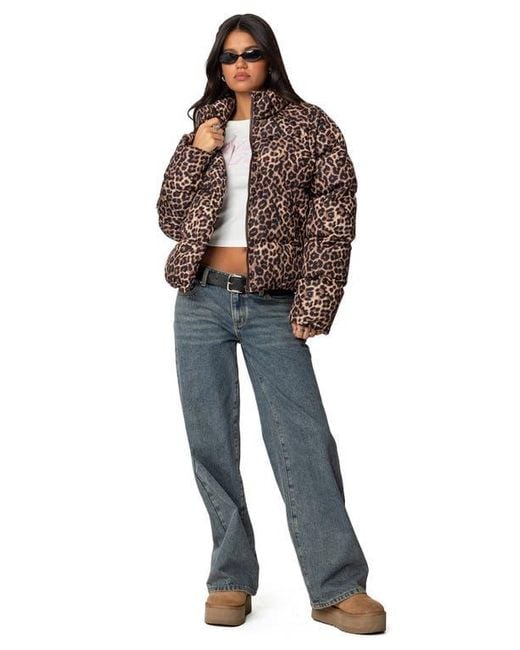 Edikted Brown Dalya Print Puffer Jacket