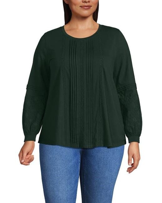 Lands' End Green Lightweight Jersey Lace Mix Long Sleeve Pintuck Top