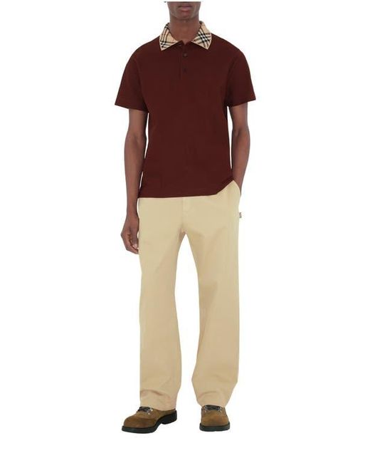 Burberry Men's Red Check Collar Cotton Polo Shirt