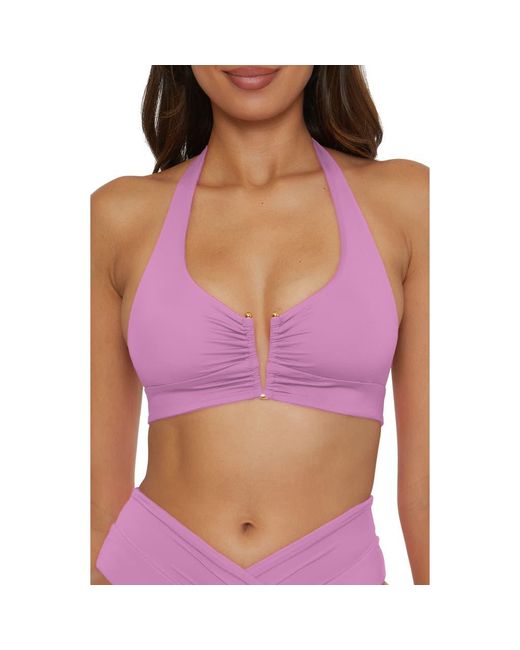 Becca Purple Shirred V-Wire Halter Bikini Top