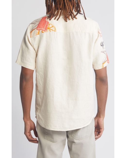 Percival White Lemon Kreme Short Sleeve Linen Graphic Button-up Shirt for men