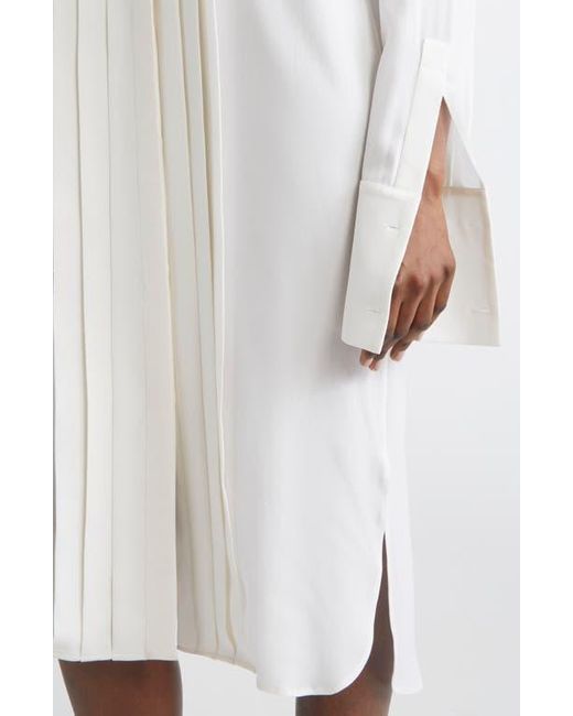 Michael Kors White Pleated Front Long Sleeve Silk Shirtdress