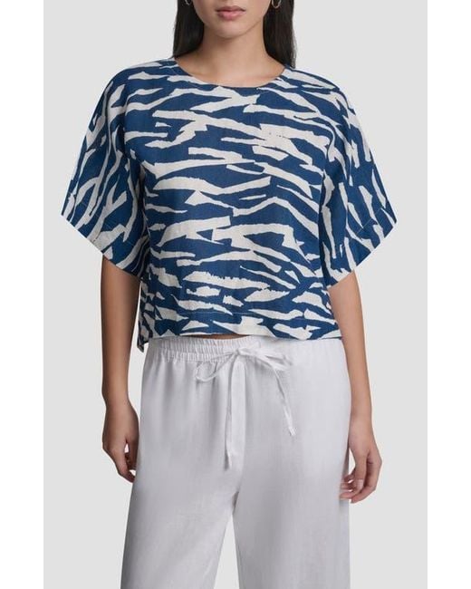 DKNY Blue Pattern Boxy Linen Top