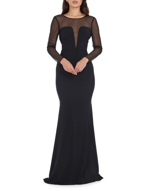 Dress the Population Black Val Rhinestone Illusion Lace Detail Long Sleeve Mermaid Gown
