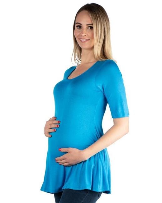 24seven Comfort Apparel Blue Maternity Elbow Swing Tunic Top