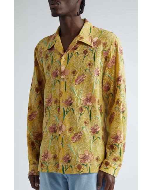 Séfr Yellow Ripley Floral Embroidered Long Sleeve Camp Shirt for men