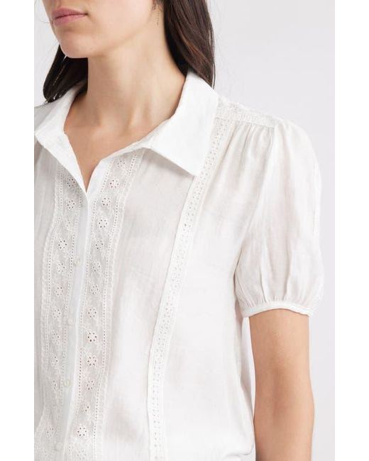 Bobeau Blue Eyelet Detail Short Sleeve Button-Up Shirt