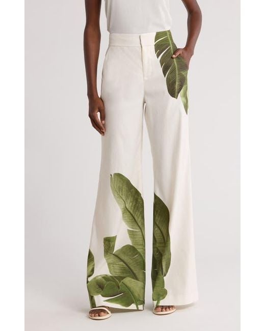 Alice + Olivia Green Dylan Placed Palm Leaf Print Wide Leg Linen Blend Pants