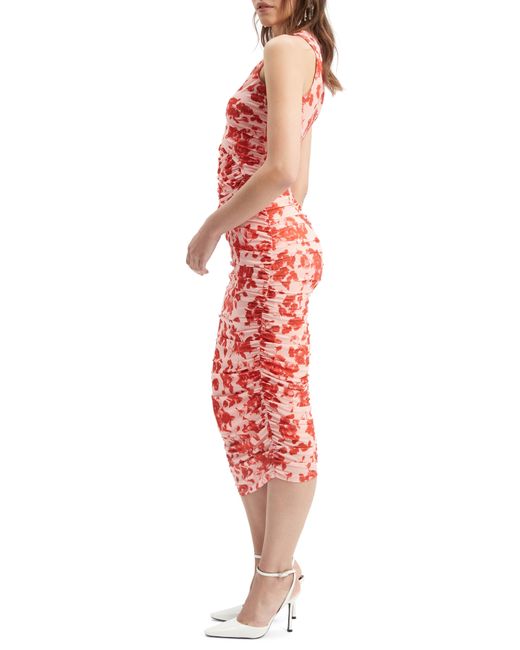 Bardot Red Felicia Floral Ruched Mesh Midi Dress