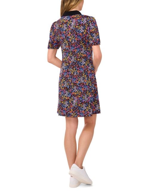 Cece Red Floral Puff Sleeve Polo Dress