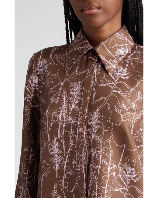 Lafayette 148 New York Brown Floral Print Silk Button-up Shirt