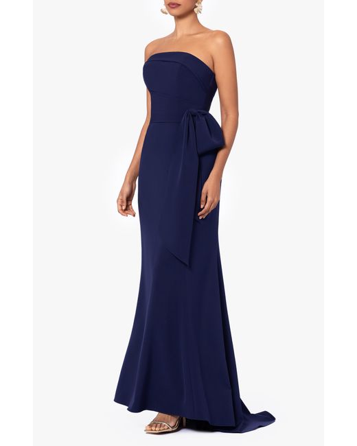 Betsy & Adam Blue Bow Strapless Scuba Gown