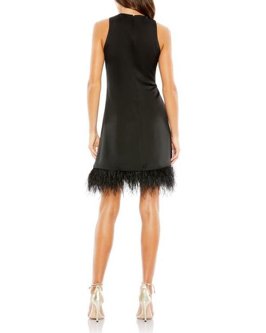 Mac Duggal Black Feather Hem High Neck A-Line Dress