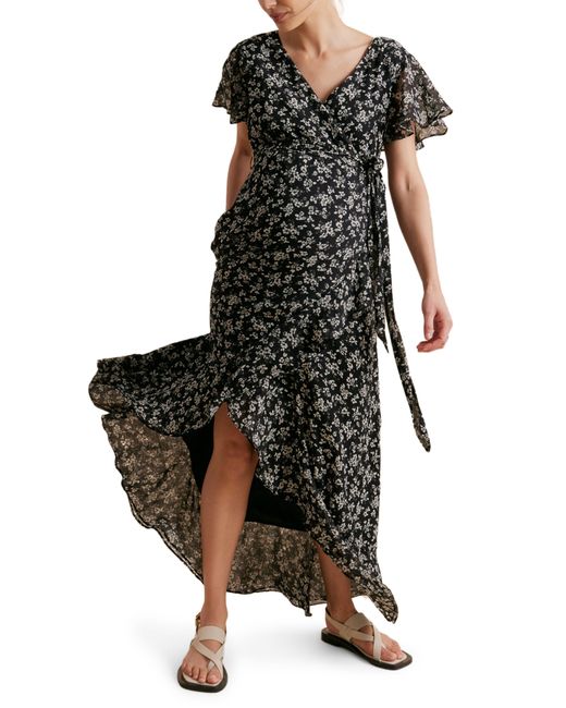 A Pea In The Pod Black Floral Faux Wrap Maternity Dress