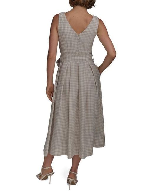 Donna Karan Brown Gingham Linen Blend Faux-Wrap Midi Dress