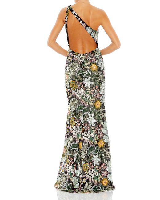 Mac Duggal Multicolor Floral Sequin One-shoulder Gown