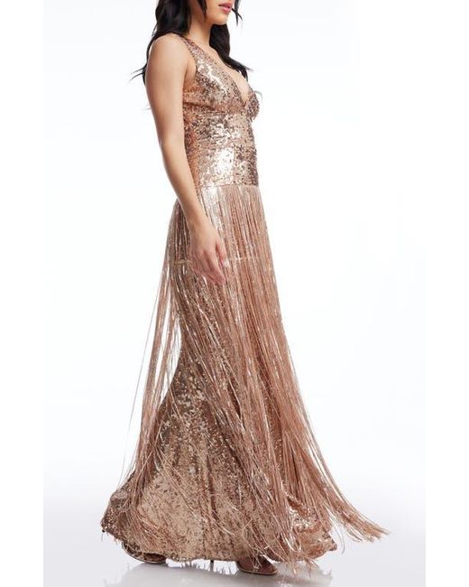 Dress the Population Brown Reign Sequin & Metallic Fringe Gown