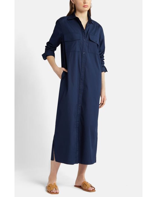 Nordstrom Blue Two-pocket Long Sleeve Cotton Shirtdress