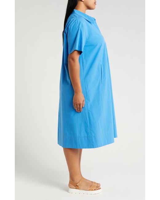 Eileen Fisher Blue Classic Organic Cotton Poplin Midi Shirtdress
