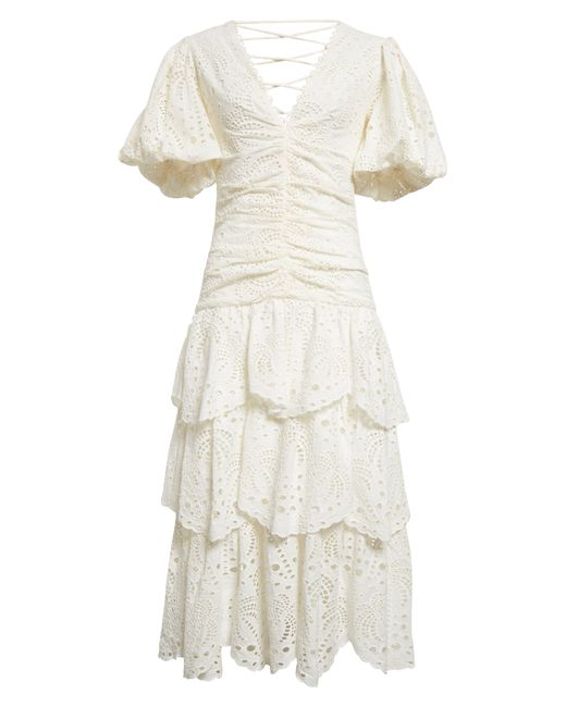 Farm Rio White Eyelet Puff Sleeve Tiered Cotton Midi Dress