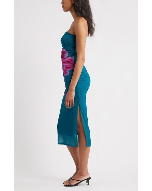 Open Edit Blue Ruched Strapless Mesh Dress