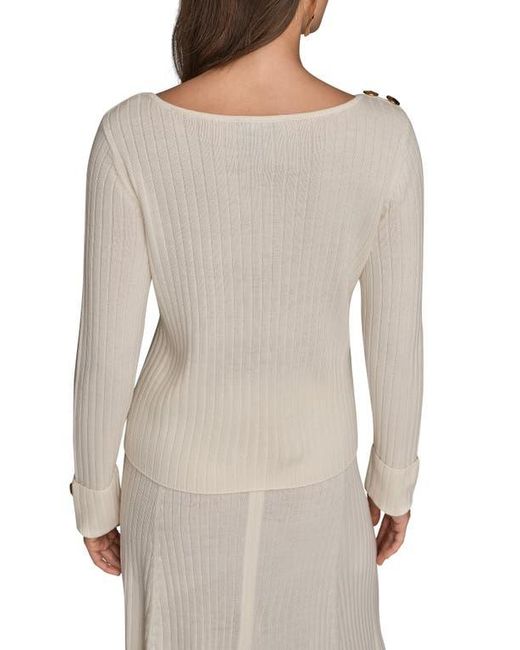 Donna Karan Natural Button Shoulder Boat Neck Rib Sweater