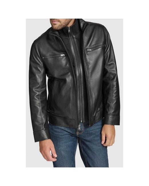 Andrew Marc Black Leather Moto Jacket With Attached Bib for men