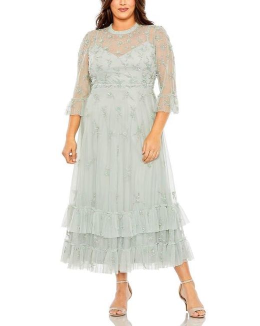 Mac Duggal Green Plus Flutter Half Length Sleeve High Neck Embellished Dress