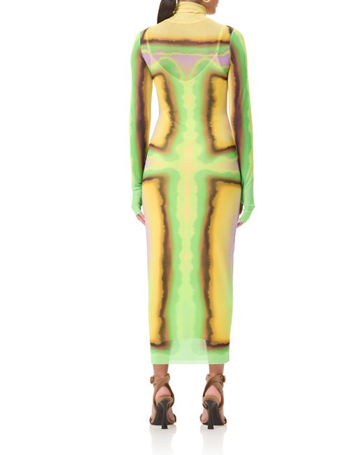 AFRM Yellow Shailene Long Sleeve Turtleneck Mesh Dress