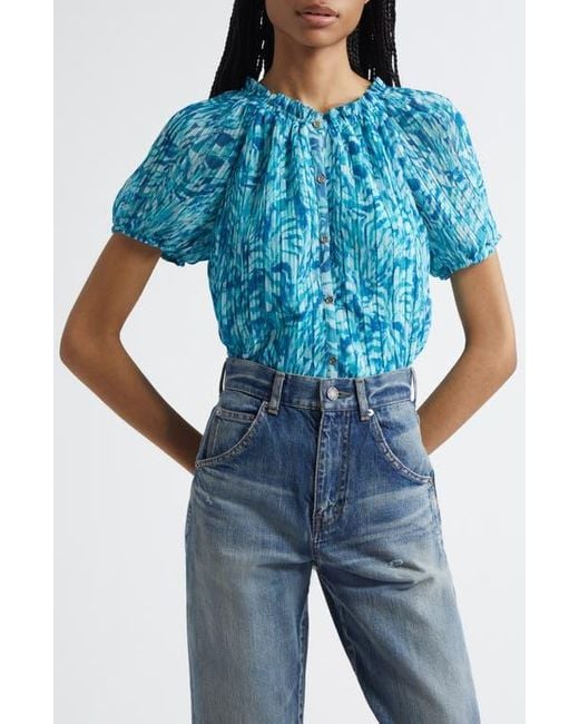 Ramy Brook Blue Soraya Pleated Puff Sleeve Top