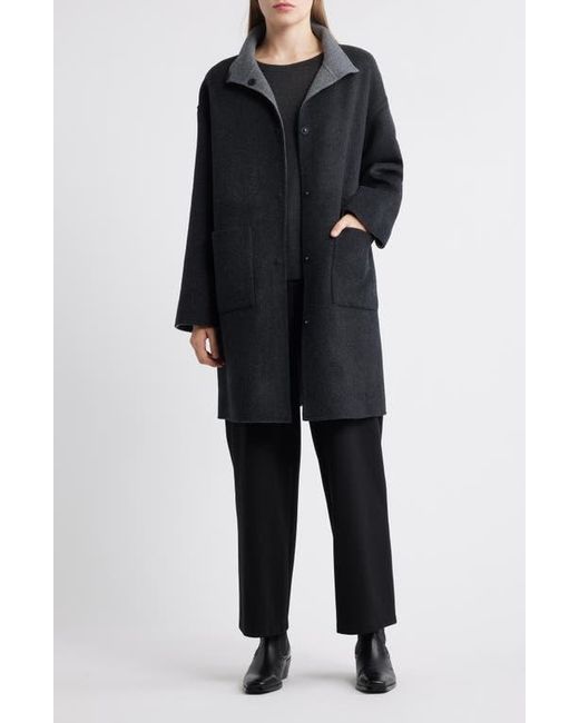 Eileen Fisher Gray Stand Collar Reversible Wool & Cashmere Coat
