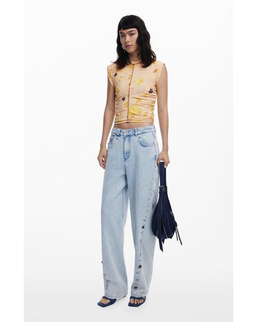 Desigual Blue Floral Exposed Seam Top