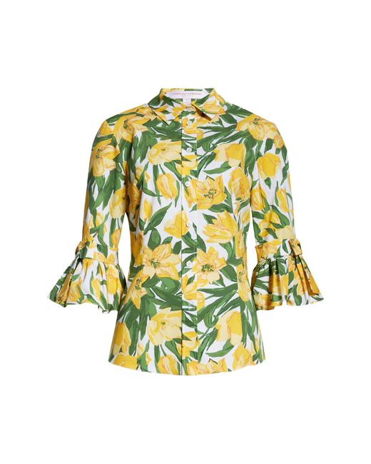 Carolina Herrera Yellow Floral Ruffle Stretch Cotton Button-up Shirt