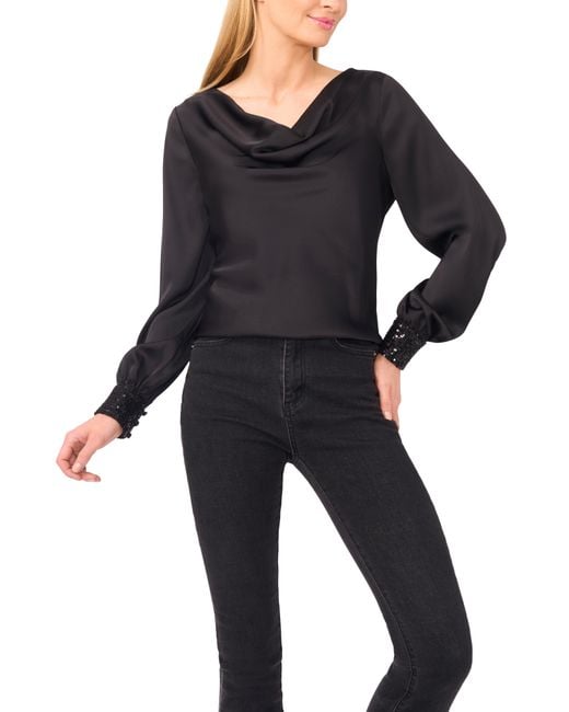 Cece Black Cowl Neck Sequin Cuff Charmeuse Top