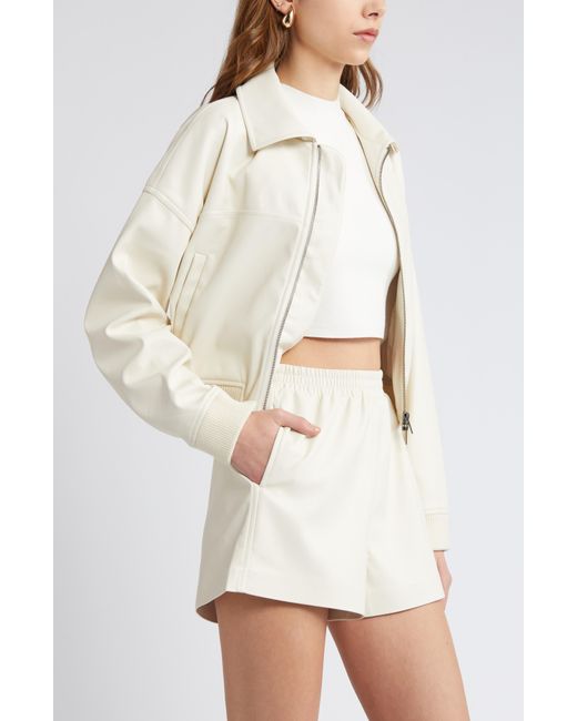 Open Edit White Faux Leather Crop Bomber Jacket