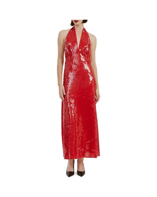 Bardot Red Freja Sequin Open Back Halter Maxi Dress