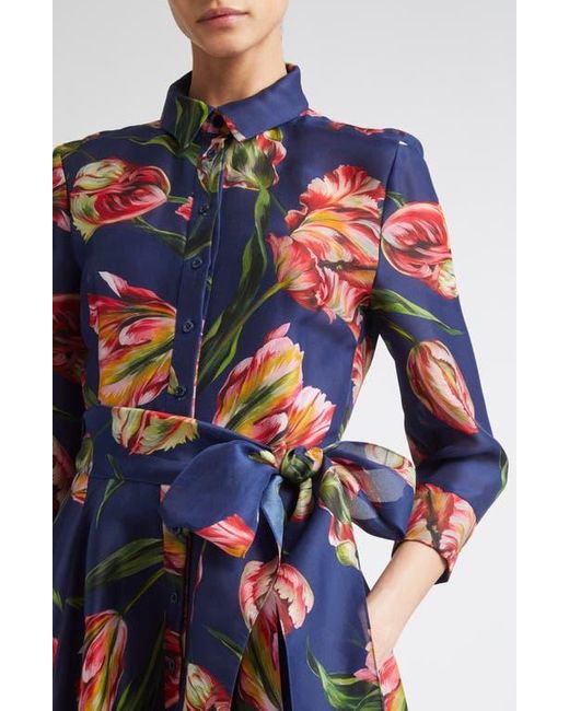 Carolina Herrera Blue Tulip Print Silk Gazar Trench Gown