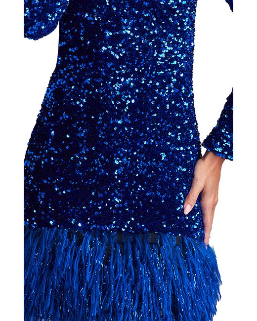 SHO by Tadashi Shoji Blue Sequin Feather Trim Long Sleeve Cocktail Dress