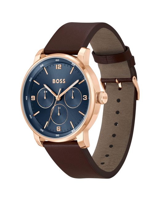 Boss Blue-dial Watch With Brown Leather Strap for men