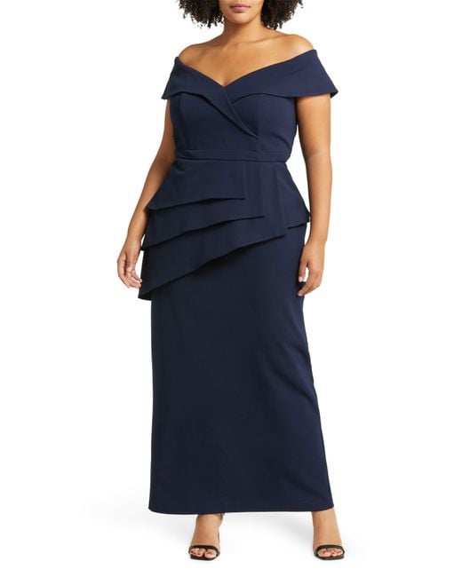 Xscape Off The Shoulder Scuba Crepe Column Gown in Blue Lyst
