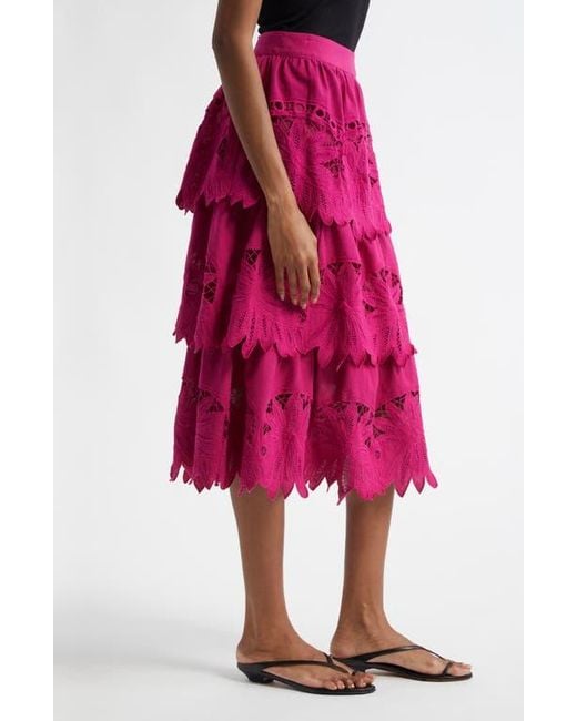 Farm Rio Pink Daisy Guipure Lace Cotton & Linen Tiered Skirt