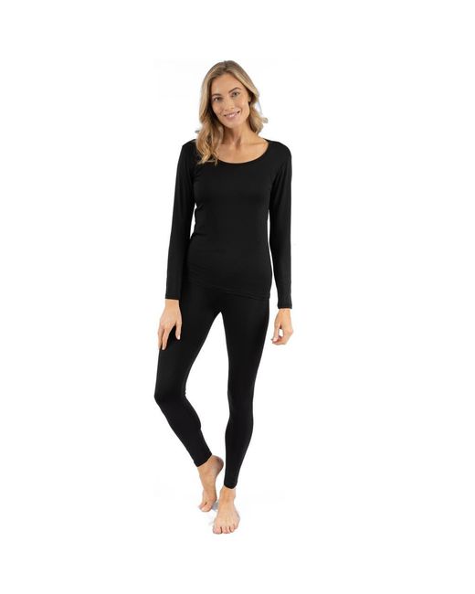 Leveret Black Two-Piece Thermal Long Sleeve Solid Pajamas